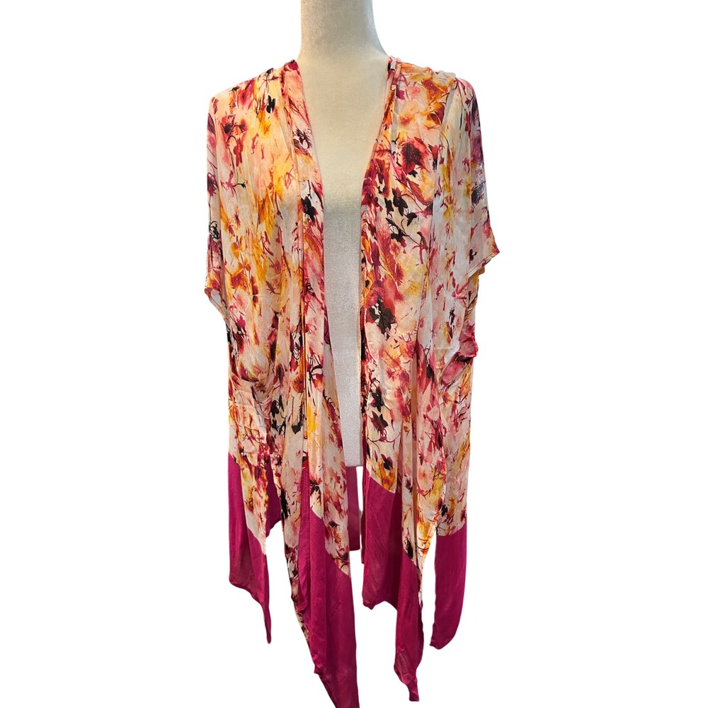 Floral Print Kimono Open Front Pink Trim Duster Cardigan Bohemian